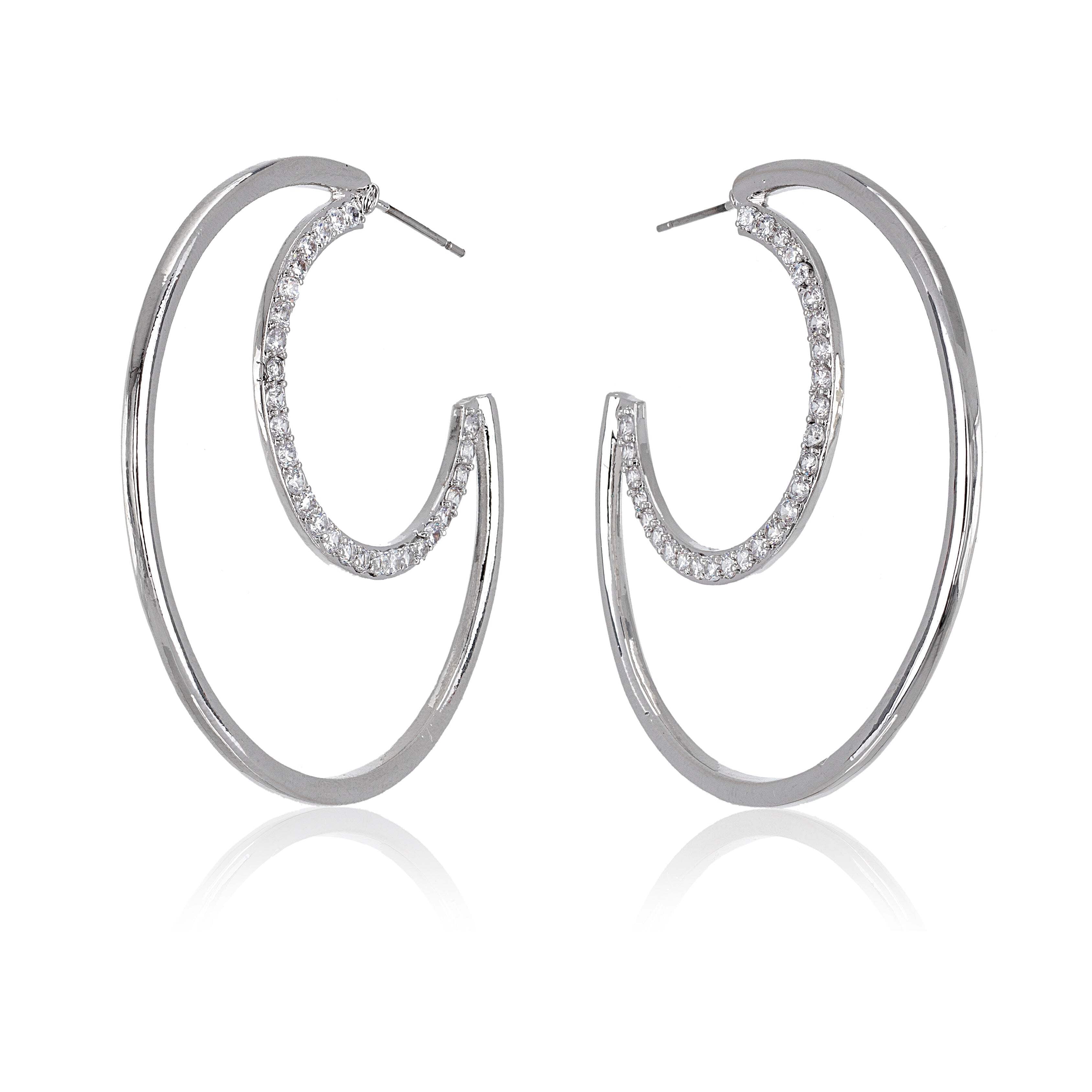 Silvertone Clear Swarovski Crystal Half Moon Hoop Earrings