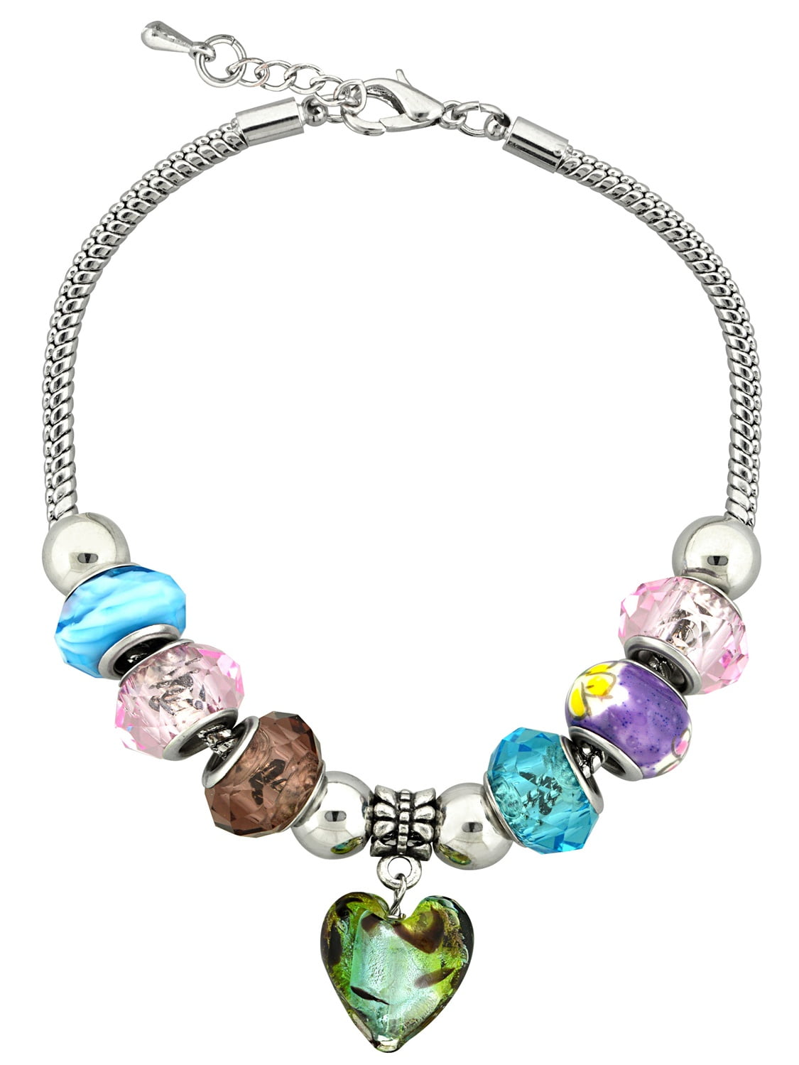 Silvertone ClearBlue , Green  Mix Glass Beads and Love Heart Bracelet and Extender, 7.5"