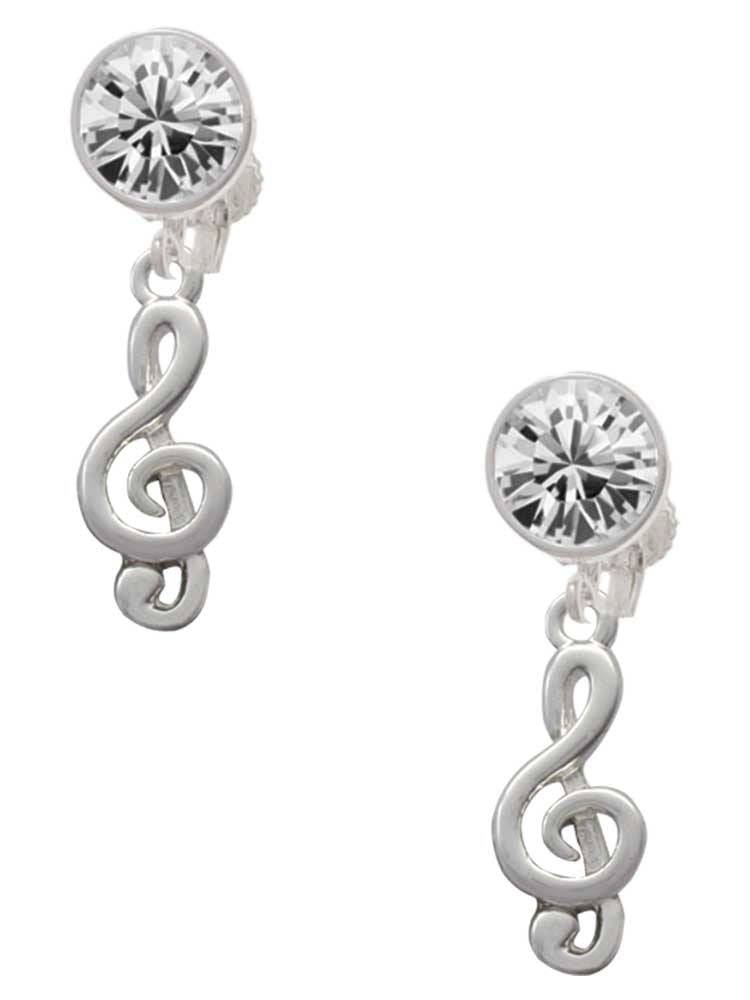 Silvertone Clef Clear Crystal Clip On Earrings