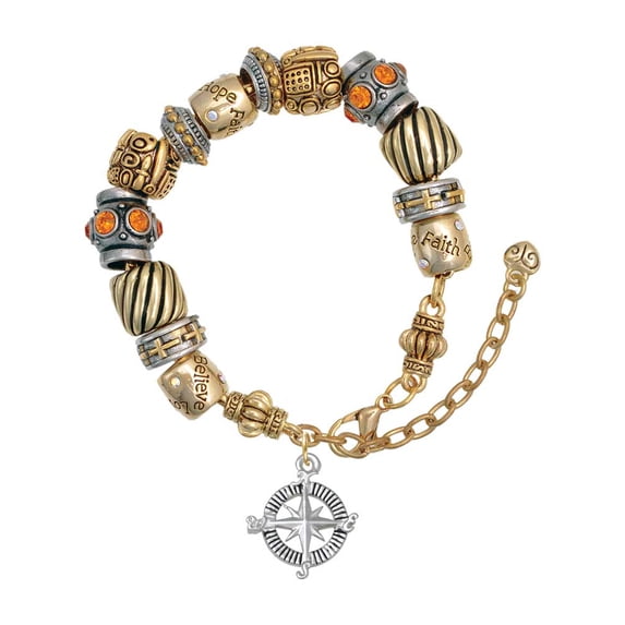 Silvertone Compass Two Tone Christian Bead Bracelet