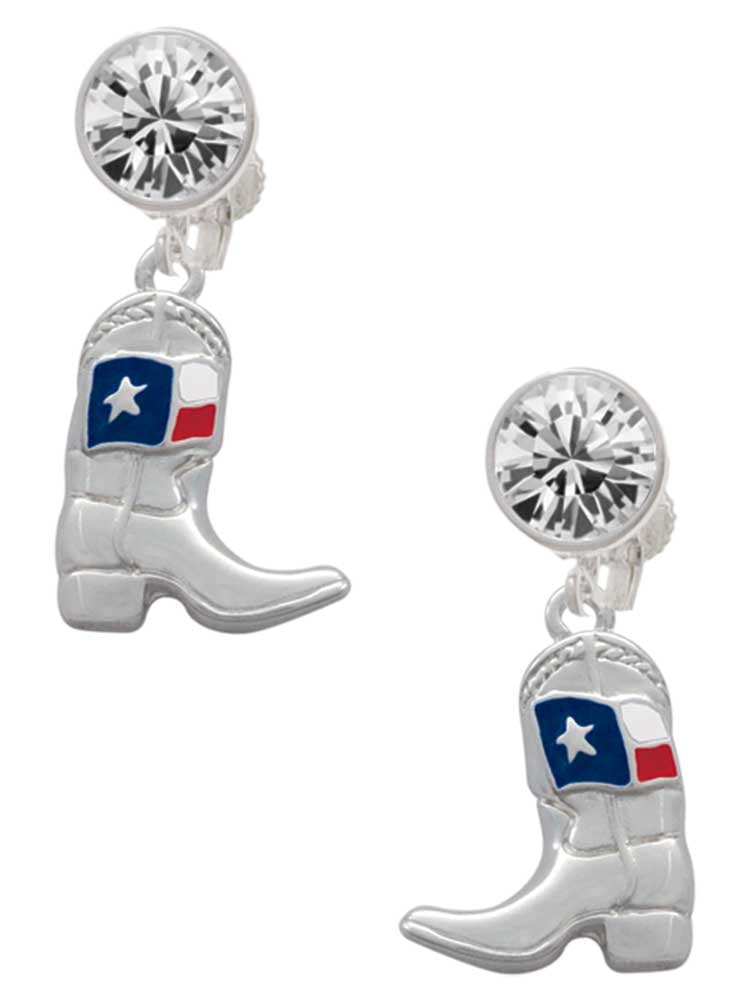 Silvertone Cowboy Boot with Texas Flag Clear Crystal Clip On Earrings