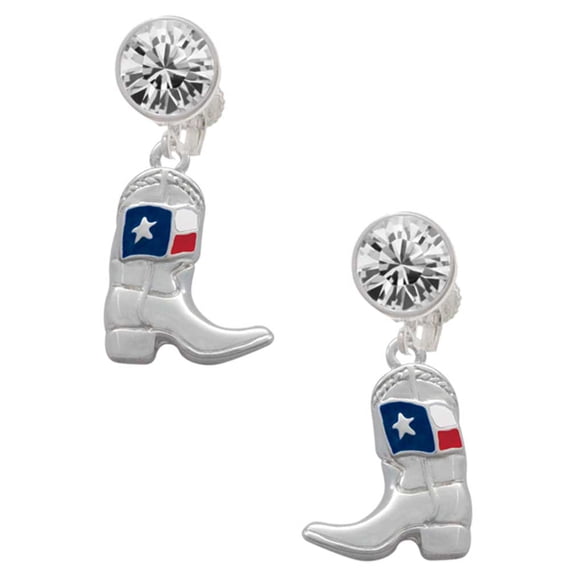 Silvertone Cowboy Boot with Texas Flag Clear Crystal Clip On Earrings