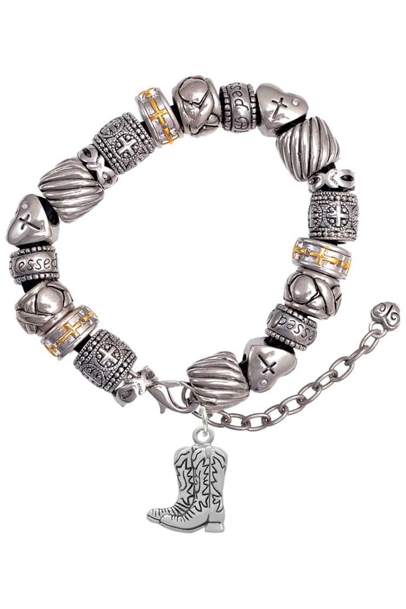 Silvertone Cowboy Boots Silver Tone Christian Bead Bracelet