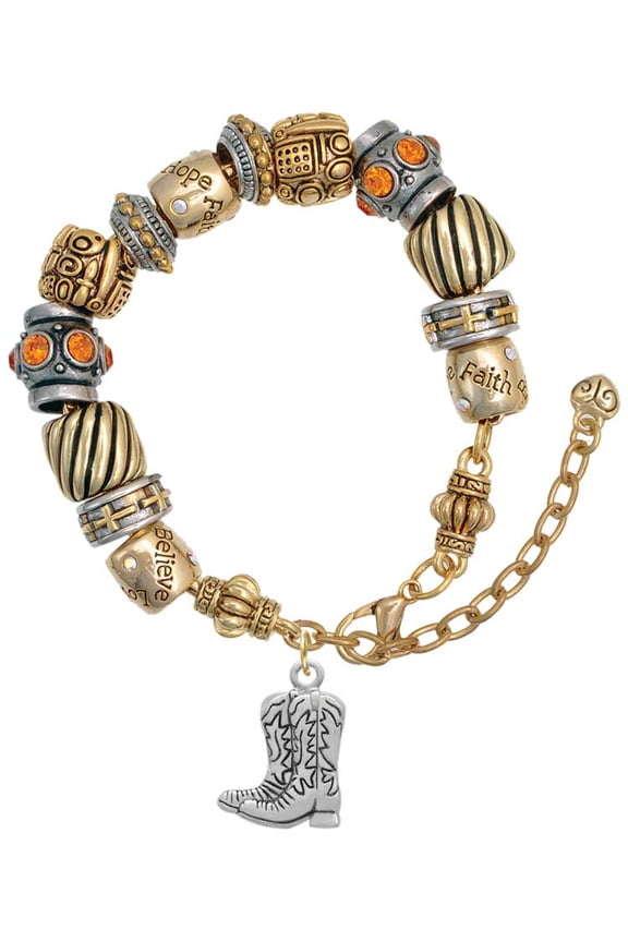 Silvertone Cowboy Boots Two Tone Christian Bead Bracelet