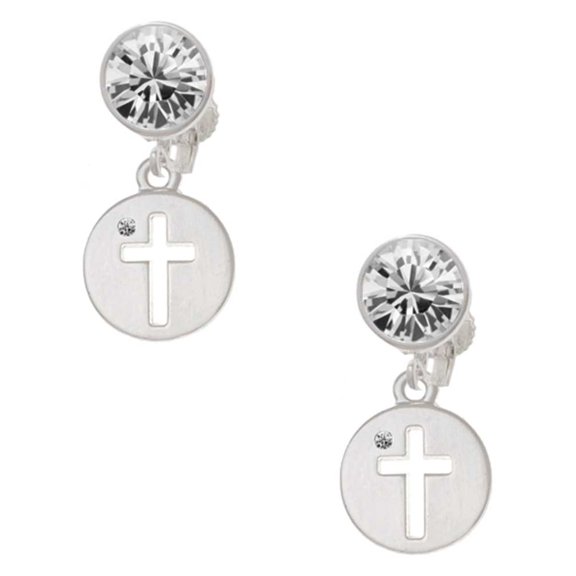 Silvertone Cross Silhouette Clear Crystal Clip On Earrings