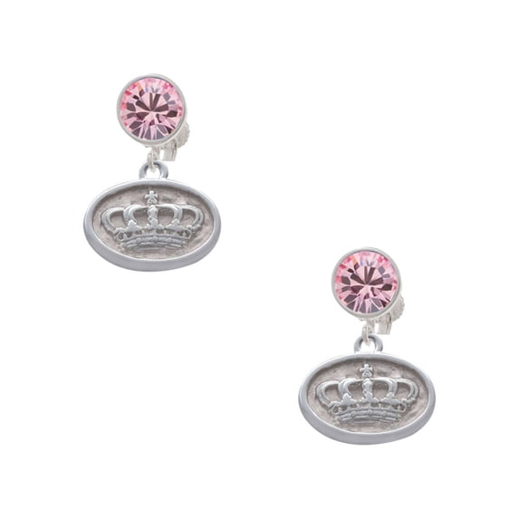 Delight Jewelry Silvertone Crown - Oval Seal Pink Crystal Clip on Earrings