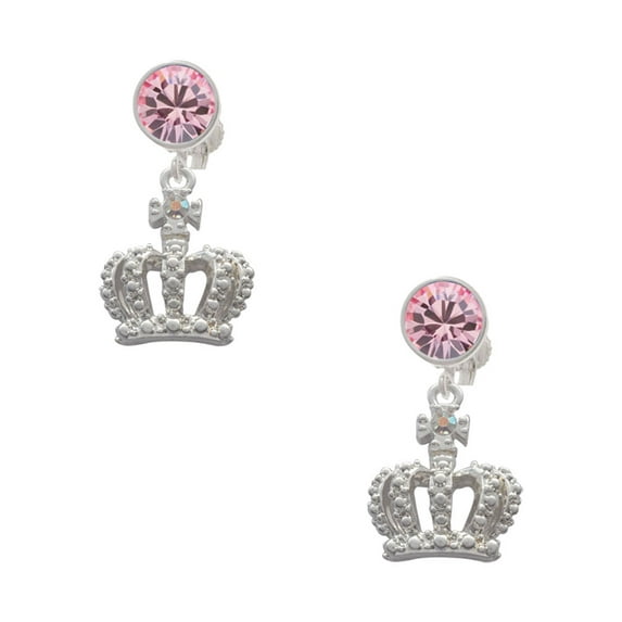 Delight Jewelry Silvertone Crown with AB Crystal Pink Crystal Clip on Earrings