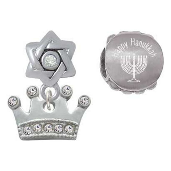 Silvertone Crown with Clear Crystals Happy Hanukkah Charm Beads (Set of 2)