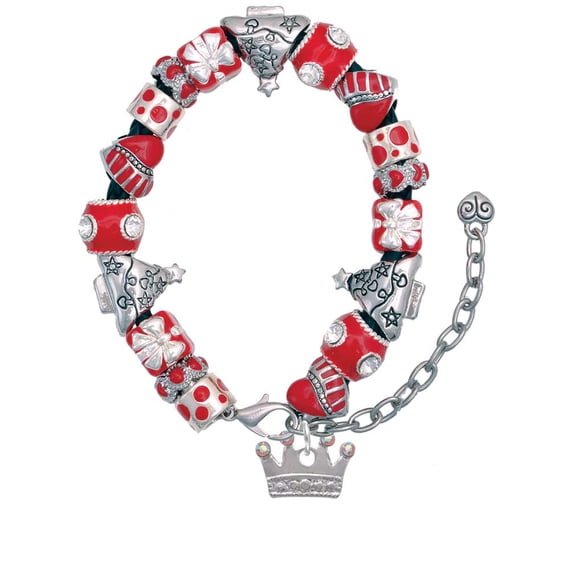 Silvertone Crown with Crystals and Textured Bottom Red Christmas Bead Bracelet