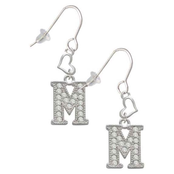 Silvertone Crystal Initial - M - Heart French Earrings