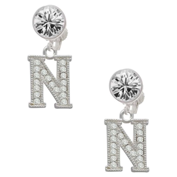 Silvertone Crystal Initial - N - Clear Crystal Clip On Earrings