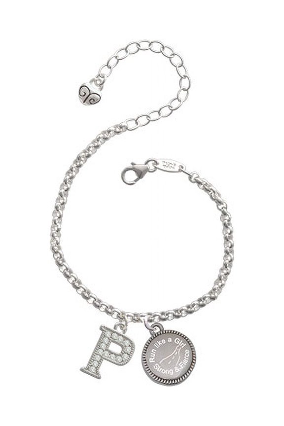 Silvertone Crystal Initial - P - Run Like a Girl - Strong and Fierce Engraved Bracelet