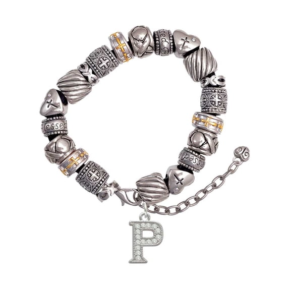 Silvertone Crystal Initial - P - Silver Tone Christian Bead Bracelet