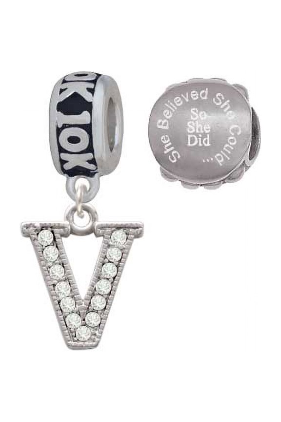 Silvertone Crystal Initial - V - 10K Run She Believed She Could Charm Beads (Set of 2)
