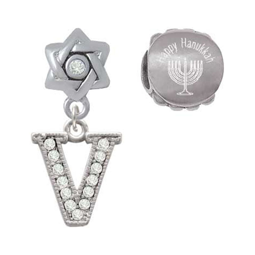 DELIGHT JEWELRY Silvertone Crystal Initial - V - Happy Hanukkah Charm Beads (Set of 2)