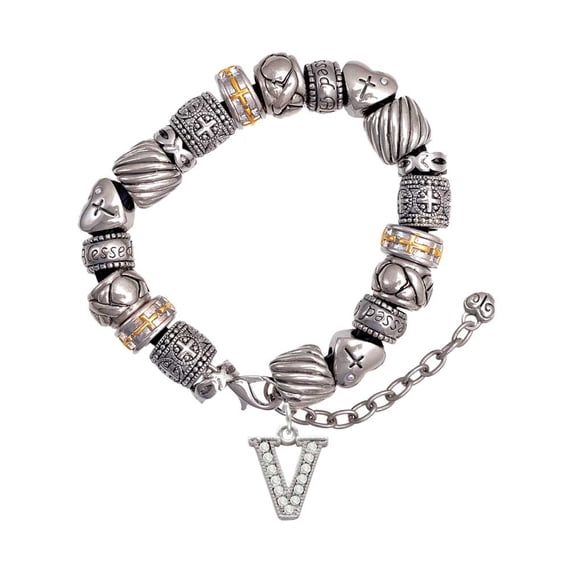 Silvertone Crystal Initial - V - Silver Tone Christian Bead Bracelet