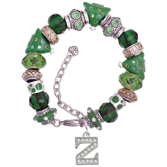Silvertone Crystal Initial - Z - Green Christmas Bead Bracelet