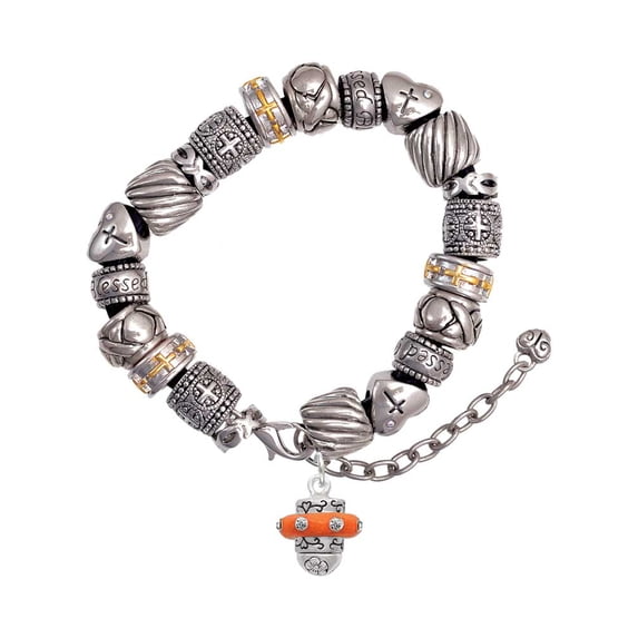 Silvertone Crystal Orange Spinner Silver Tone Christian Bead Bracelet