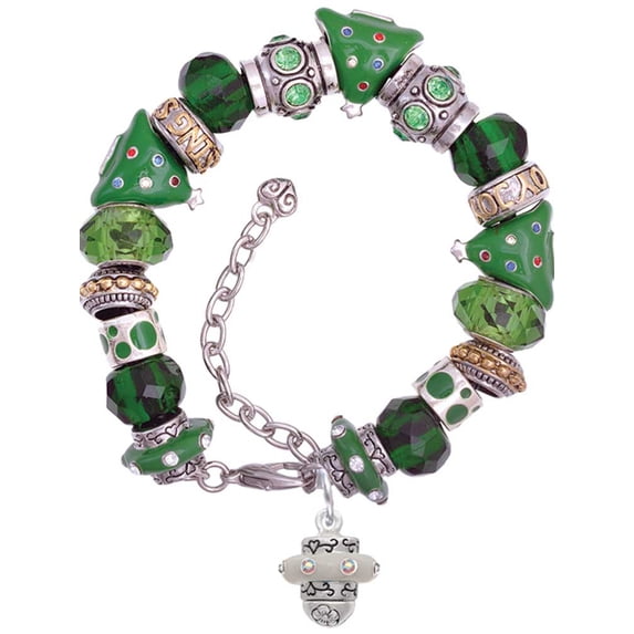 Silvertone Crystal Spinner Green Christmas Bead Bracelet