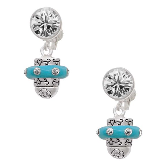 Silvertone Crystal Teal Spinner Clear Crystal Clip On Earrings