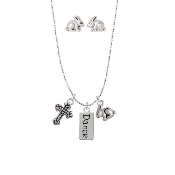 Silvertone Dance Silver Tone Cross and Bunny Necklace and Earrings Set