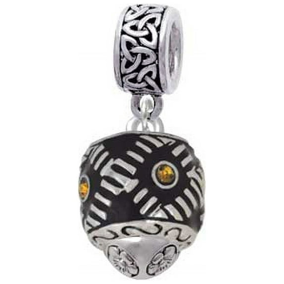 Silvertone Diagonal Banded Barrel with Brown Crystals Spinner - Celtic Knot Charm Bead