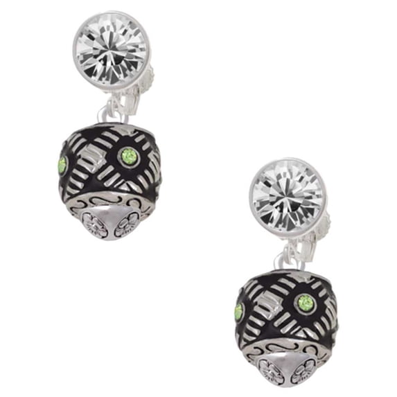 Silvertone Diagonal Banded Barrel with Lime Green Crystals Spinner Clear Crystal Clip On Earrings