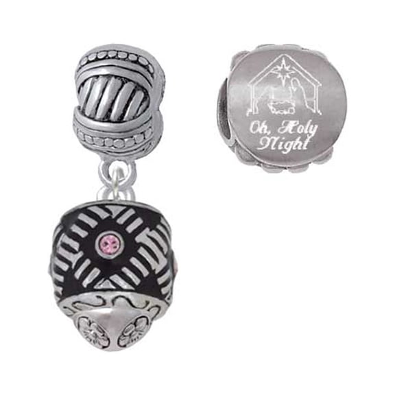 Silvertone Diagonal Banded Barrel with Pink Crystals Spinner Come Let us Adore Him Charm Beads (Set of 2)