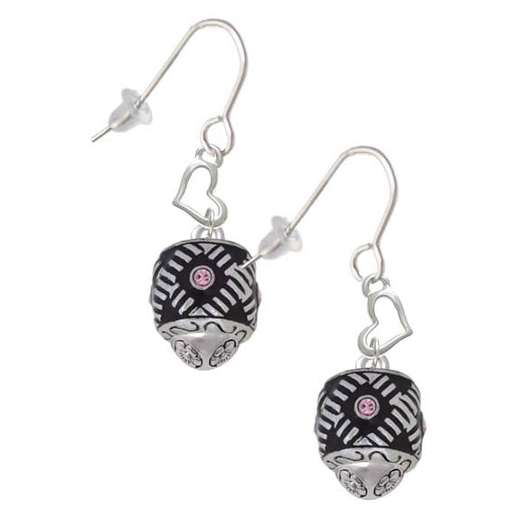 Silvertone Diagonal Banded Barrel with Pink Crystals Spinner Heart French Earrings