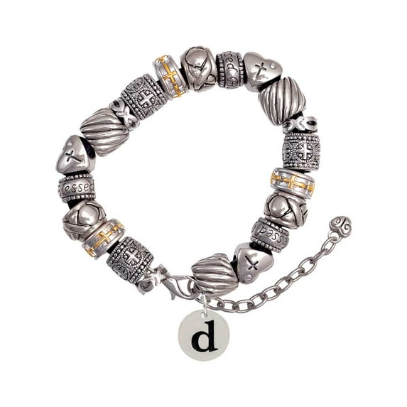 Silvertone Disc 1/2'' Initial - d - Silver Tone Christian Bead Bracelet