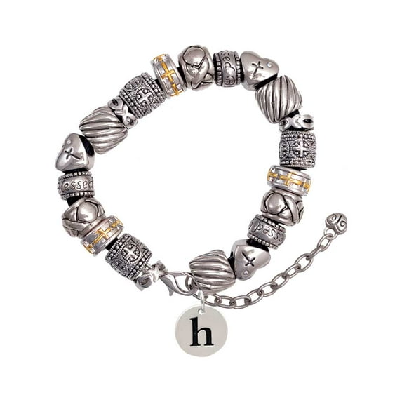 Silvertone Disc 1/2'' Initial - h - Silver Tone Christian Bead Bracelet