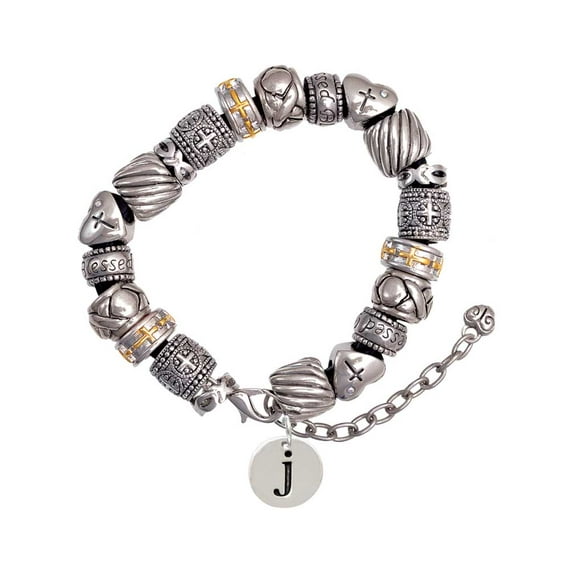 Silvertone Disc 1/2'' Initial - j - Silver Tone Christian Bead Bracelet