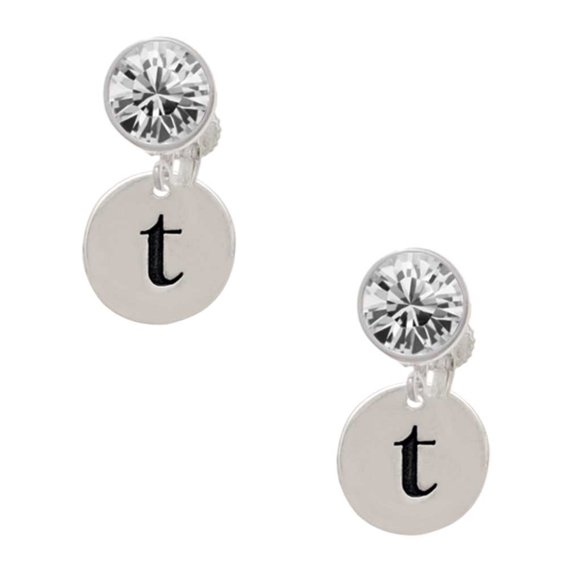 Silvertone Disc 1/2'' Initial - t - Clear Crystal Clip On Earrings