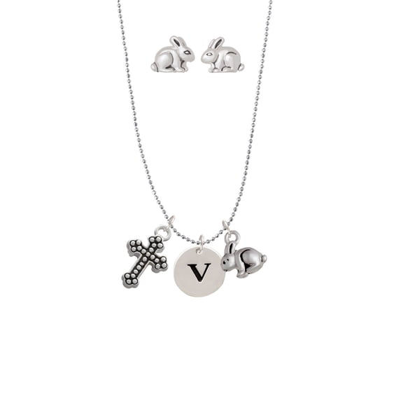 Silvertone Disc 1/2'' Initial - v - Silver Tone Cross and Bunny Necklace and Earrings Set