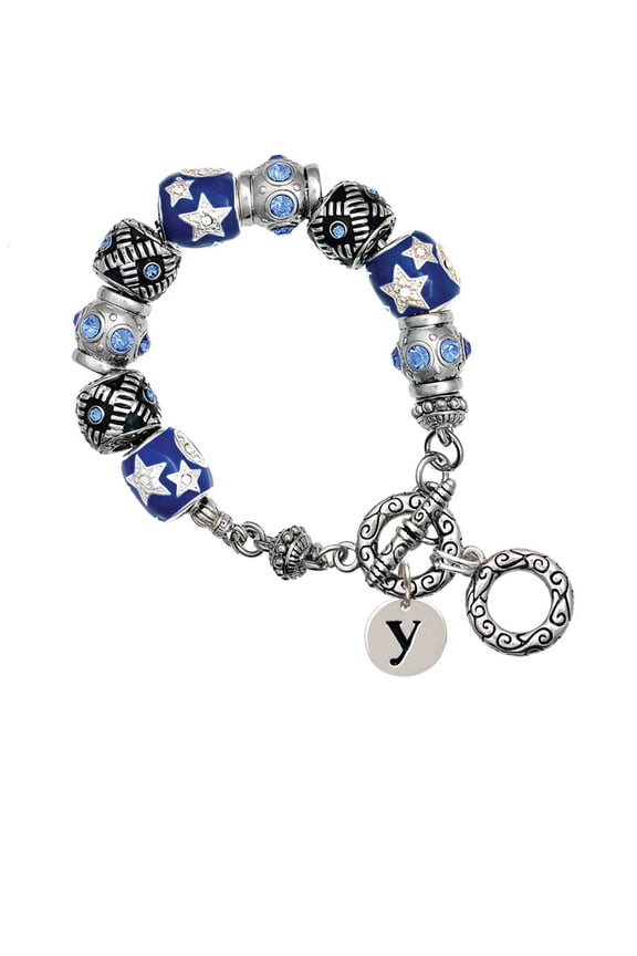 Silvertone Disc 1/2'' Initial - y - Blue Moon Bead Charm Bracelet