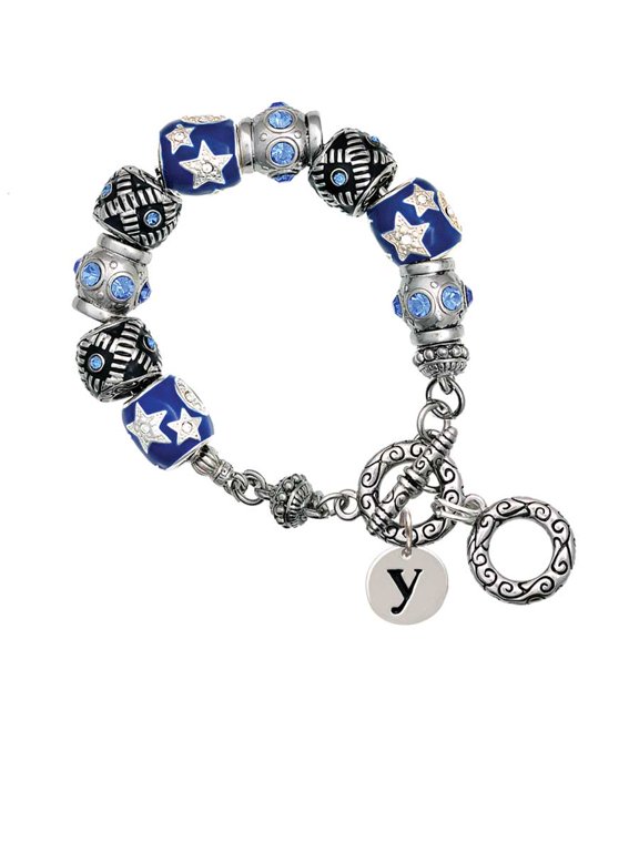 Silvertone Disc 1/2'' Initial - y - Blue Moon Bead Charm Bracelet