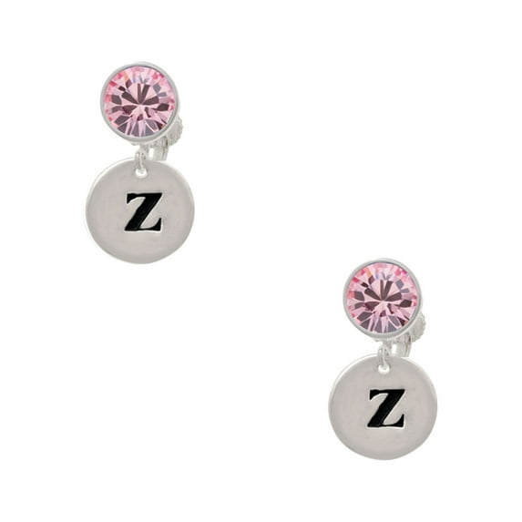 Delight Jewelry Silvertone Disc 1/2'' Initial - z - Pink Crystal Clip on Earrings