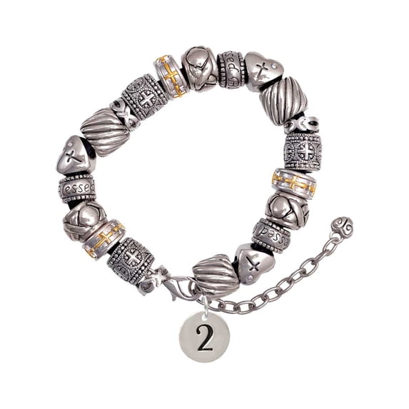 Silvertone Disc 1/2'' Number - 2 - Silver Tone Christian Bead Bracelet