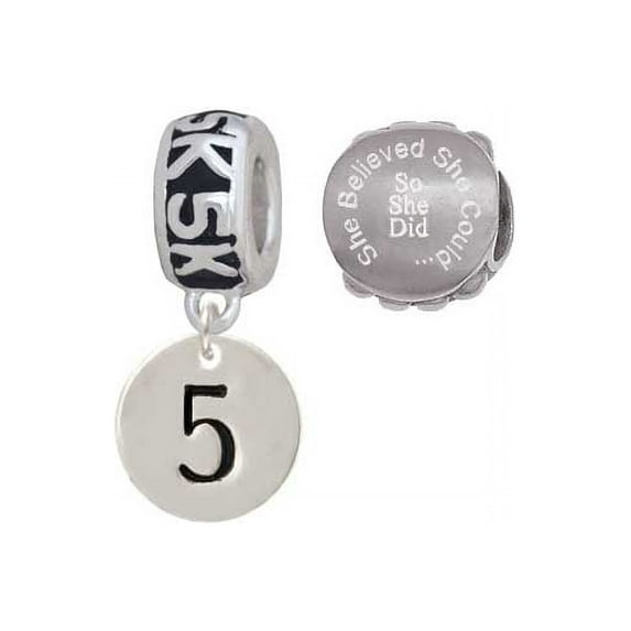 Silvertone Disc 1/2'' Number - 5 - 5K Run She Believed She Could Charm Beads (Set of 2)