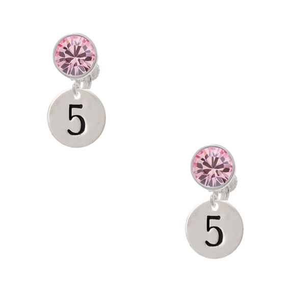 Delight Jewelry Silvertone Disc 1/2'' Number - 5 - Pink Crystal Clip on Earrings
