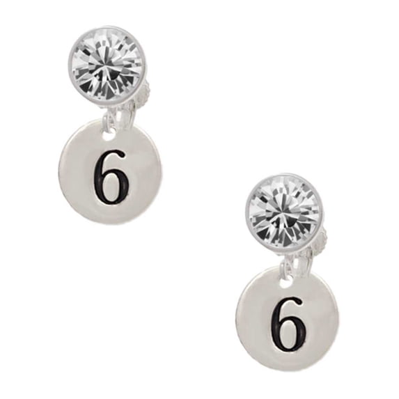 Silvertone Disc 1/2'' Number - 6 - Clear Crystal Clip On Earrings