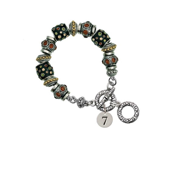 Silvertone Disc 1/2'' Number - 7 - Fall Crystal Bead Charm Bracelet