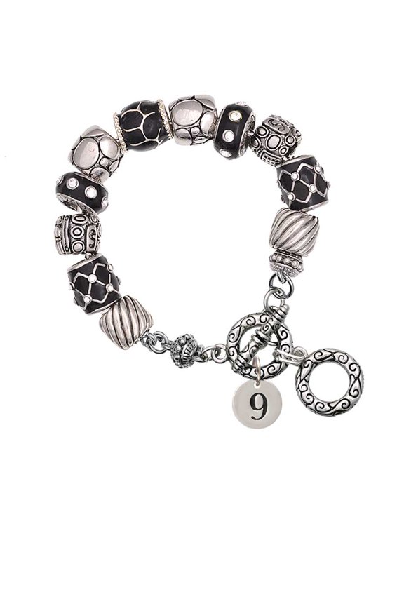 Silvertone Disc 1/2'' Number - 9 - Black Pebble Bead Charm Bracelet