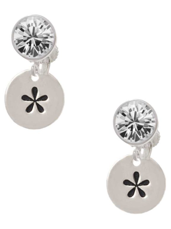 Silvertone Disc 1/2'' - Symbol - Asterisk - * - Clear Crystal Clip On Earrings