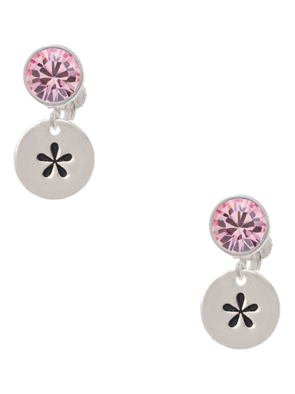 Silvertone Disc 1/2'' - Symbol - Asterisk - * - Pink Crystal Clip on Earrings