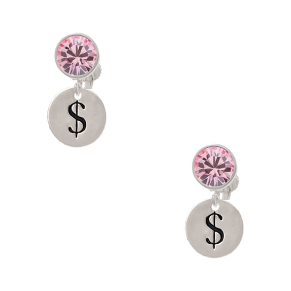 Delight Jewelry Silvertone Disc 1/2'' - Symbol - Dollar Sign - $ - Pink Crystal Clip on Earrings