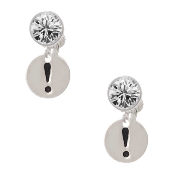 Silvertone Disc 1/2'' - Symbol - Exclamation Point - ! - Clear Crystal Clip On Earrings