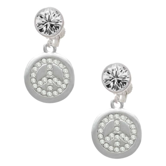 Silvertone Disc with Crystal Peace Sign Clear Crystal Clip On Earrings