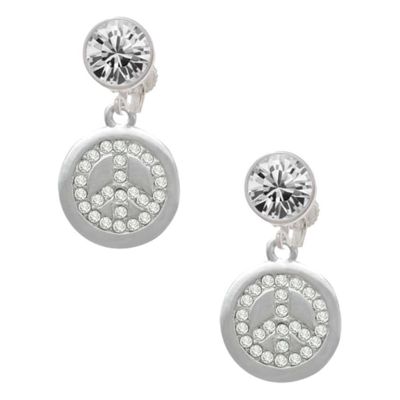 Silvertone Disc with Crystal Peace Sign Clear Crystal Clip On Earrings