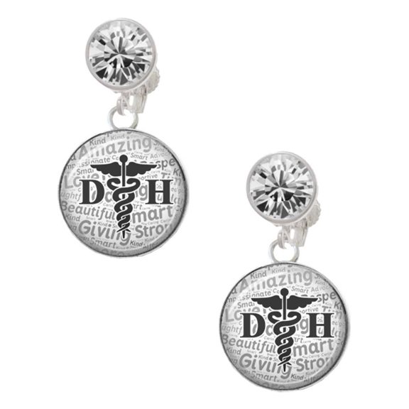 Silvertone Domed Black DH Clear Crystal Clip On Earrings
